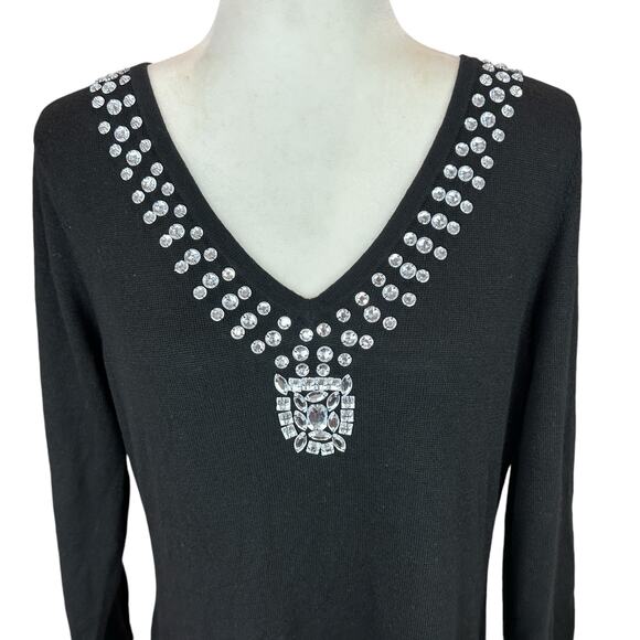 Iman Rhinestone Sweater Medium Black Cashmere Blend Boho Glam Holiday Party - Picture 6 of 12
